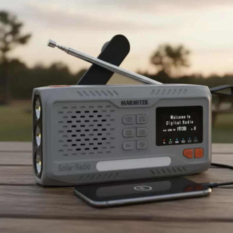 Nešiojamasis prisukamas radijas Marmitek RESQ 100 — DAB/DAB+/FM, 3 W, LCD, USB-C, 3,5 mm lizdas, šviesiai pilkas