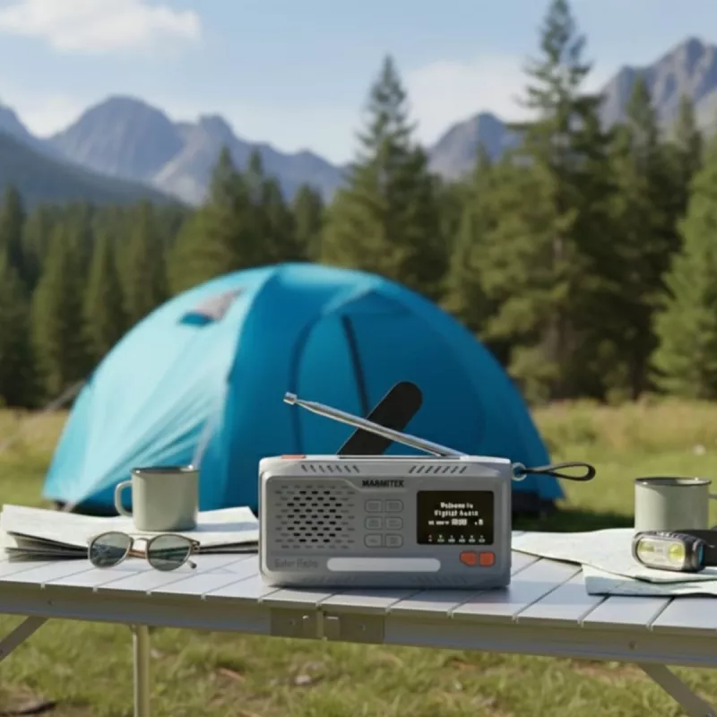 Nešiojamasis prisukamas radijas Marmitek RESQ 100 — DAB/DAB+/FM, 3 W, LCD, USB-C, 3,5 mm lizdas, šviesiai pilkas