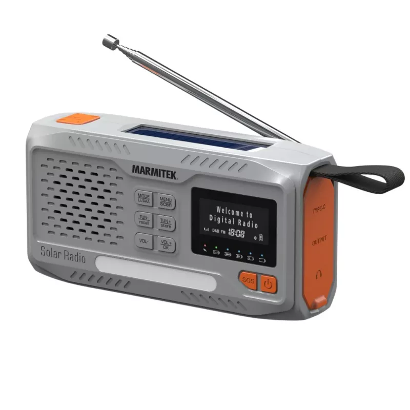 Nešiojamasis prisukamas radijas Marmitek RESQ 100 — DAB/DAB+/FM, 3 W, LCD, USB-C, 3,5 mm lizdas, šviesiai pilkas