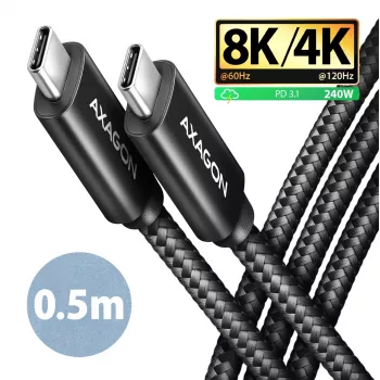 USB-C į USB-C kabelis AXAGON BUCM4X-CM05AB — USB4 Gen 3x2, 40 Gbit/s, 240 W, 0,5 m, juodas