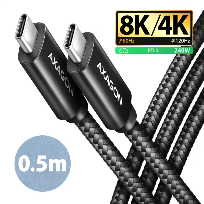 USB-C į USB-C kabelis AXAGON BUCM4X-CM05AB — USB4 Gen 3x2, 40 Gbit/s, 240 W, 0,5 m, juodas