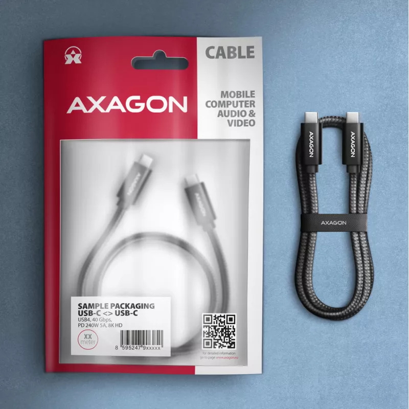 USB-C į USB-C kabelis AXAGON BUCM4X-CM05AB — USB4 Gen 3x2, 40 Gbit/s, 240 W, 0,5 m, juodas