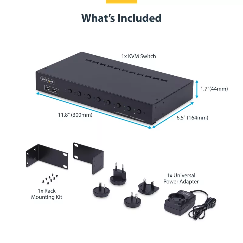 StarTech.com 8 prievadų HDMI KVM komutatorius su 1U stovo montavimo rinkiniu, 4K 60Hz HDMI 2.0, mygtukų ir sparčiųjų klavišų perjungimas, 4 prievadų USB šakotuvas, nepriklausomas nuo OS, atitinka TAA