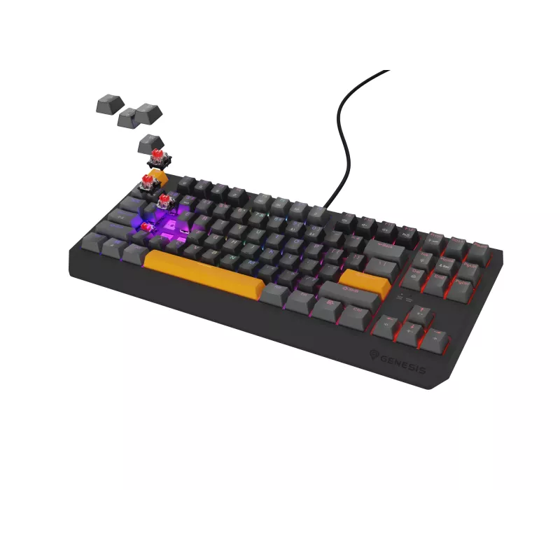 GENESIS Thor 230 TKL klaviatūra, skirta žaidimams, USB + RF belaidis ryšys + Bluetooth QWERTY, juoda, pilka, oranžinė