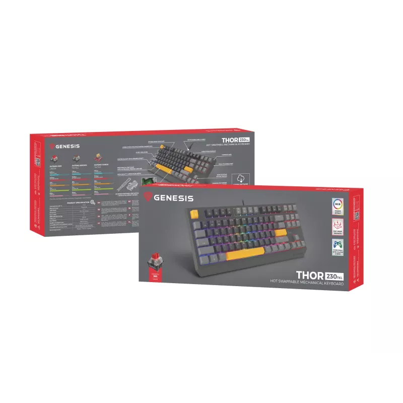 GENESIS Thor 230 TKL klaviatūra, skirta žaidimams, USB + RF belaidis ryšys + Bluetooth QWERTY, juoda, pilka, oranžinė