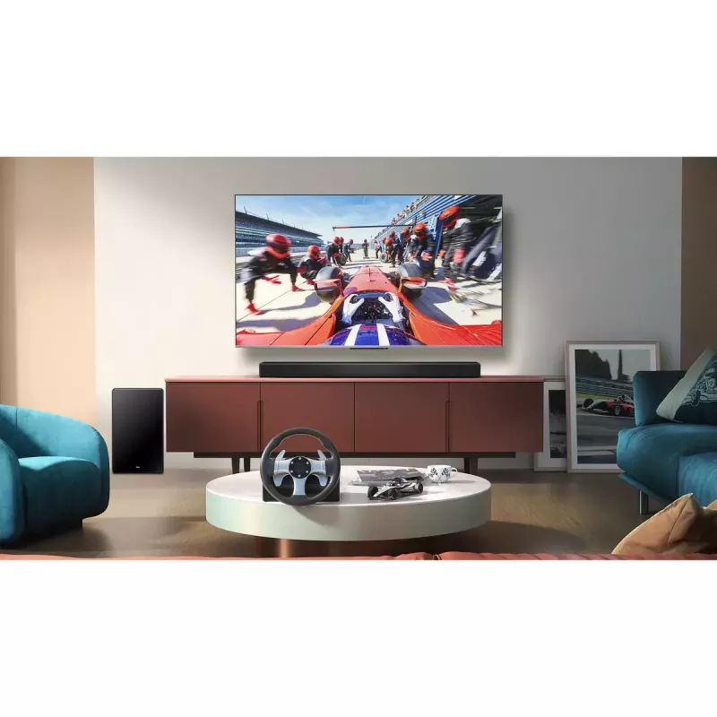 Garso juosta TCL Q75H 620W 5.1.2 kanalų su belaidžiu aktyviu žemų dažnių garsiakalbiu, HDMI 2.1, Bluetooth 5.3, Wi‑Fi 5, 1040×110×58 mm