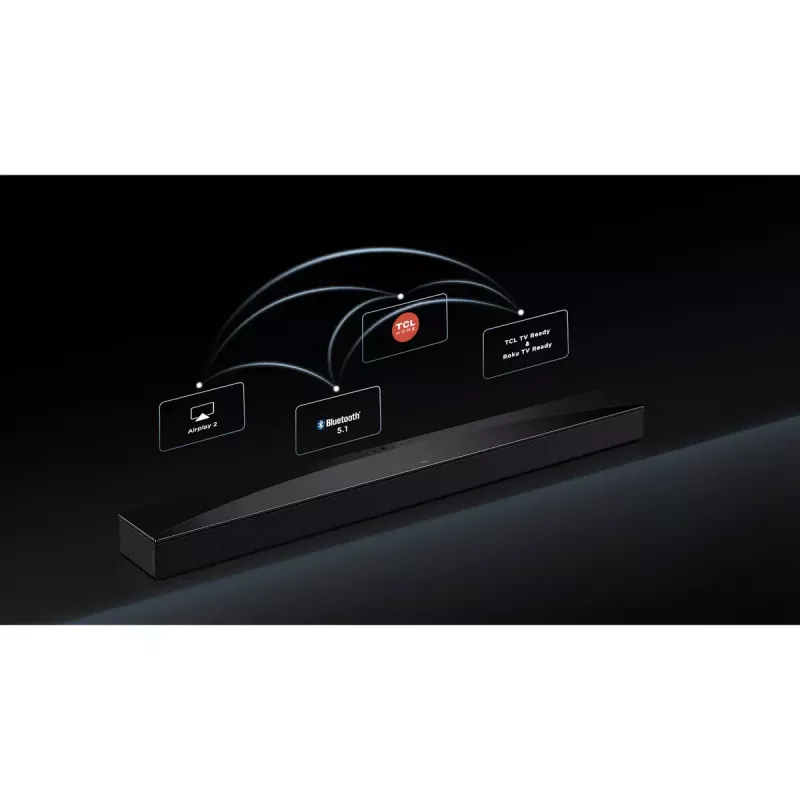Garso juosta TCL Q75H 620W 5.1.2 kanalų su belaidžiu aktyviu žemų dažnių garsiakalbiu, HDMI 2.1, Bluetooth 5.3, Wi‑Fi 5, 1040×110×58 mm