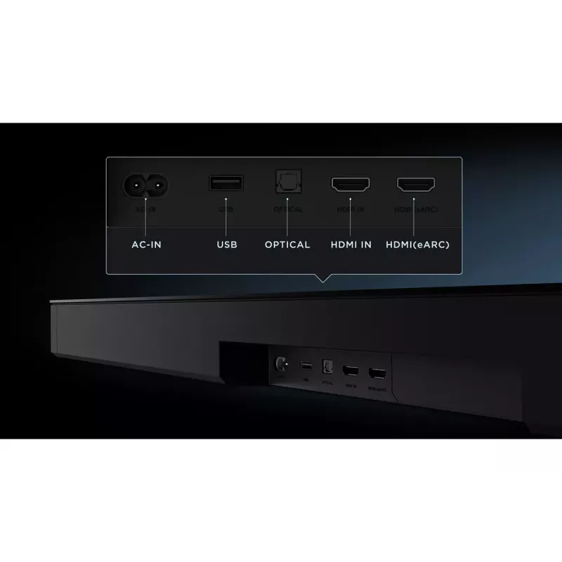 Garso juosta TCL Q75H 620W 5.1.2 kanalų su belaidžiu aktyviu žemų dažnių garsiakalbiu, HDMI 2.1, Bluetooth 5.3, Wi‑Fi 5, 1040×110×58 mm