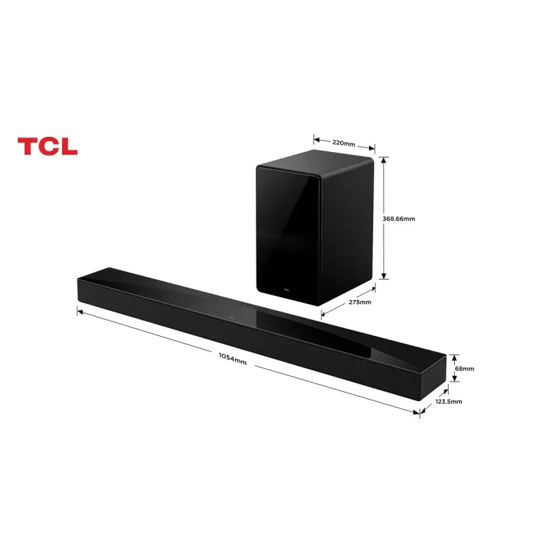 Garso juosta TCL Q75H 620W 5.1.2 kanalų su belaidžiu aktyviu žemų dažnių garsiakalbiu, HDMI 2.1, Bluetooth 5.3, Wi‑Fi 5, 1040×110×58 mm