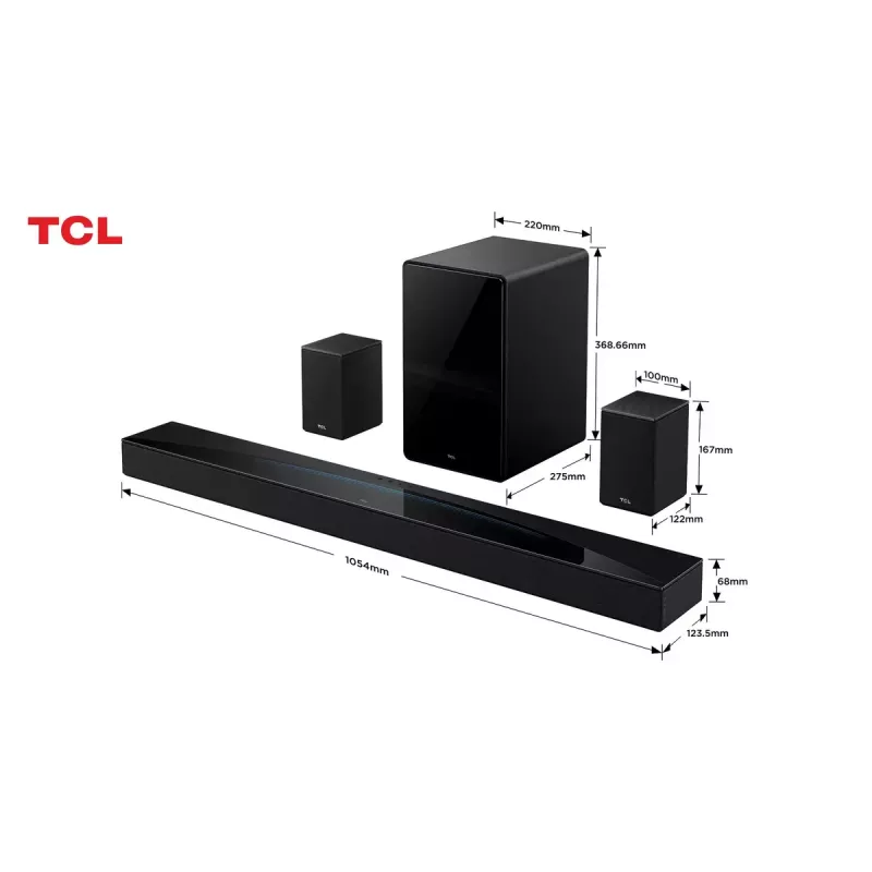 TCL Q Q85H Class 7.1.4 kanalų garso juosta su Dolby Atmos, belaidžiu žemųjų dažnių garsiakalbiu ir belaidžiais erdvinio garso garsiakalbiais
