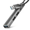 USB šakotuvas AXAGON HUE-STA — 4 prievadų aliumininė juostelė, 1× USB-A 5Gbps + 2× USB-A ir 1× USB-C 480Mbps, USB-A priegloba, pilka