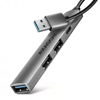 USB šakotuvas AXAGON HUE-STA — 4 prievadų aliumininė juostelė, 1× USB-A 5Gbps + 2× USB-A ir 1× USB-C 480Mbps, USB-A priegloba, pilka