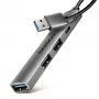 USB šakotuvas AXAGON HUE-STA — 4 prievadų aliumininė juostelė, 1× USB-A 5Gbps + 2× USB-A ir 1× USB-C 480Mbps, USB-A priegloba, pilka