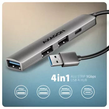 USB šakotuvas AXAGON HUE-STA — 4 prievadų aliumininė juostelė, 1× USB-A 5Gbps + 2× USB-A ir 1× USB-C 480Mbps, USB-A priegloba, pilka