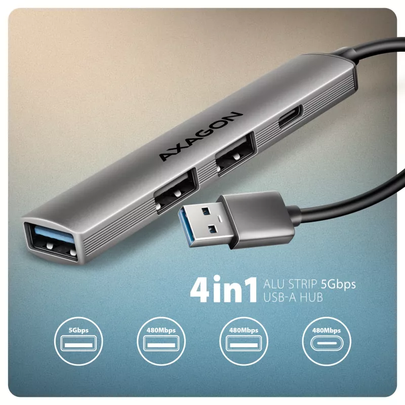 USB šakotuvas AXAGON HUE-STA — 4 prievadų aliumininė juostelė, 1× USB-A 5Gbps + 2× USB-A ir 1× USB-C 480Mbps, USB-A priegloba, pilka
