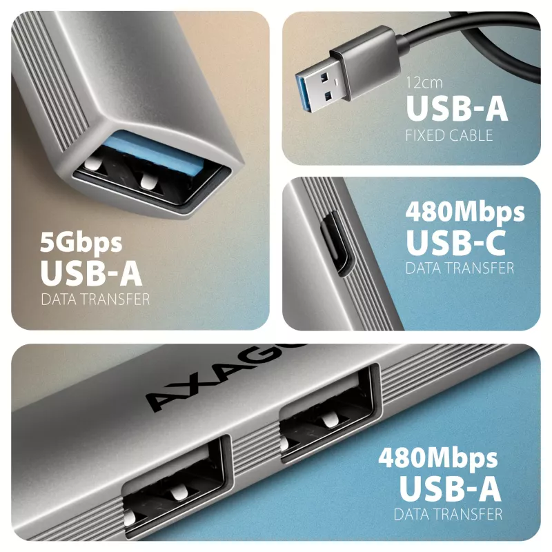 USB šakotuvas AXAGON HUE-STA — 4 prievadų aliumininė juostelė, 1× USB-A 5Gbps + 2× USB-A ir 1× USB-C 480Mbps, USB-A priegloba, pilka