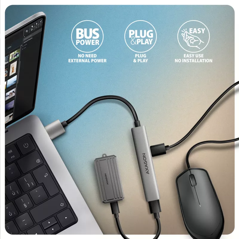 USB šakotuvas AXAGON HUE-STA — 4 prievadų aliumininė juostelė, 1× USB-A 5Gbps + 2× USB-A ir 1× USB-C 480Mbps, USB-A priegloba, pilka