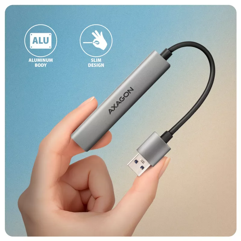 USB šakotuvas AXAGON HUE-STA — 4 prievadų aliumininė juostelė, 1× USB-A 5Gbps + 2× USB-A ir 1× USB-C 480Mbps, USB-A priegloba, pilka