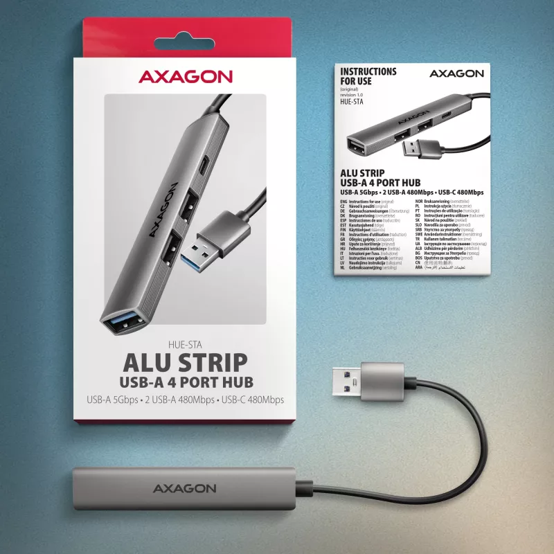 USB šakotuvas AXAGON HUE-STA — 4 prievadų aliumininė juostelė, 1× USB-A 5Gbps + 2× USB-A ir 1× USB-C 480Mbps, USB-A priegloba, pilka