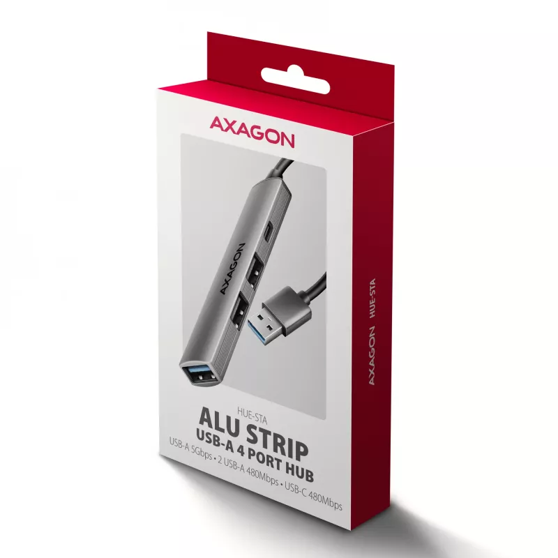 USB šakotuvas AXAGON HUE-STA — 4 prievadų aliumininė juostelė, 1× USB-A 5Gbps + 2× USB-A ir 1× USB-C 480Mbps, USB-A priegloba, pilka