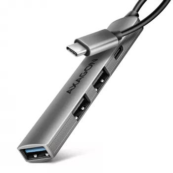 USB šakotuvas AXAGON HUE-STC, 4 prievadų aliuminio juosta, 1x USB-A 5Gbps + 2x USB-A ir 1x USB-C 480Mbps, USB-C šeimininkas, 12 cm kabelis, pilka