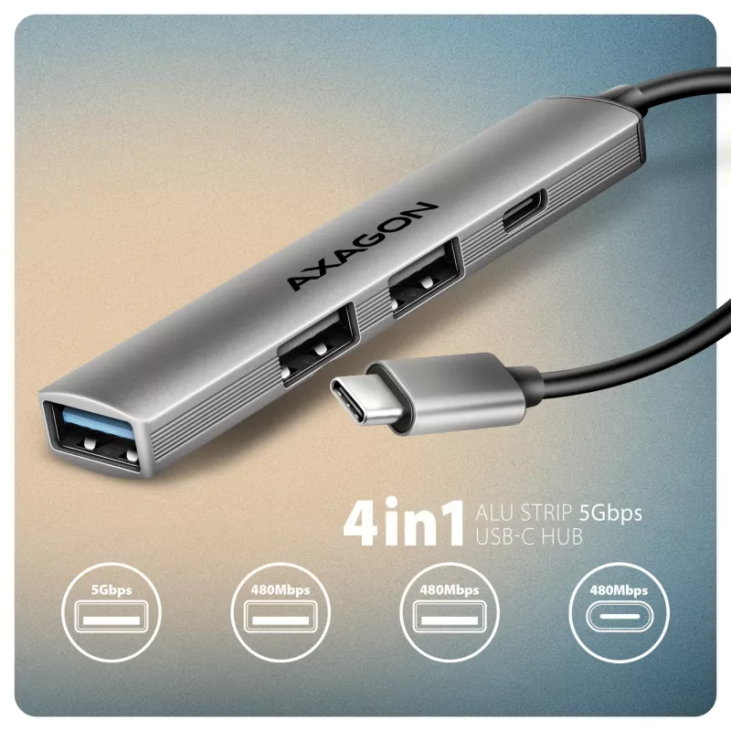 USB šakotuvas AXAGON HUE-STC, 4 prievadų aliuminio juosta, 1x USB-A 5Gbps + 2x USB-A ir 1x USB-C 480Mbps, USB-C šeimininkas, 12 cm kabelis, pilka