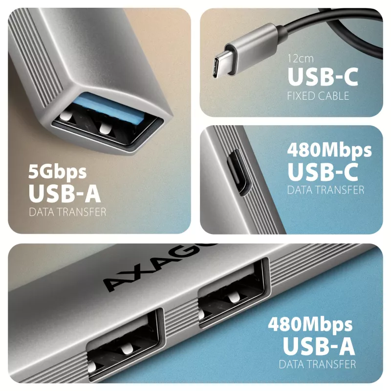 USB šakotuvas AXAGON HUE-STC, 4 prievadų aliuminio juosta, 1x USB-A 5Gbps + 2x USB-A ir 1x USB-C 480Mbps, USB-C šeimininkas, 12 cm kabelis, pilka