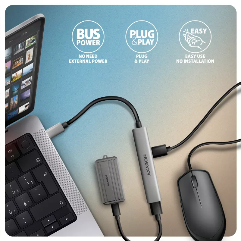 USB šakotuvas AXAGON HUE-STC, 4 prievadų aliuminio juosta, 1x USB-A 5Gbps + 2x USB-A ir 1x USB-C 480Mbps, USB-C šeimininkas, 12 cm kabelis, pilka