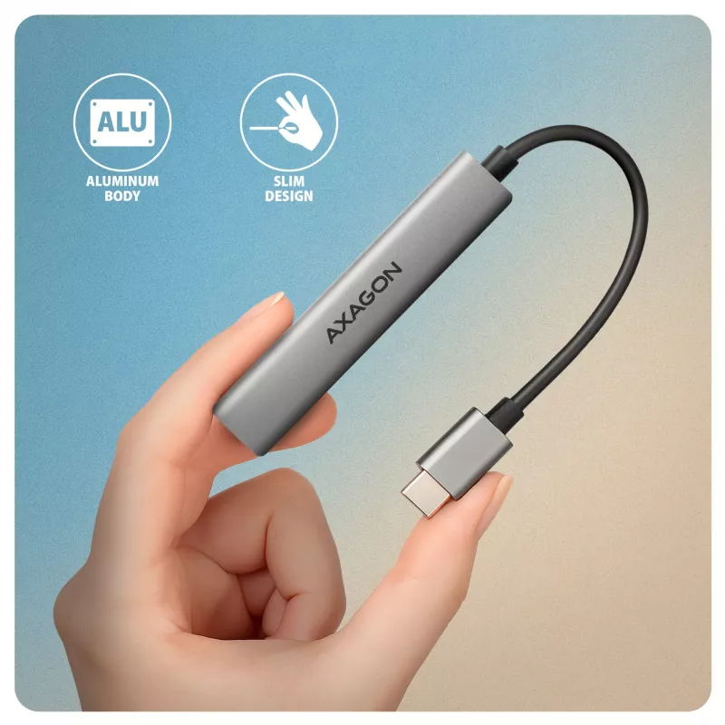 USB šakotuvas AXAGON HUE-STC, 4 prievadų aliuminio juosta, 1x USB-A 5Gbps + 2x USB-A ir 1x USB-C 480Mbps, USB-C šeimininkas, 12 cm kabelis, pilka