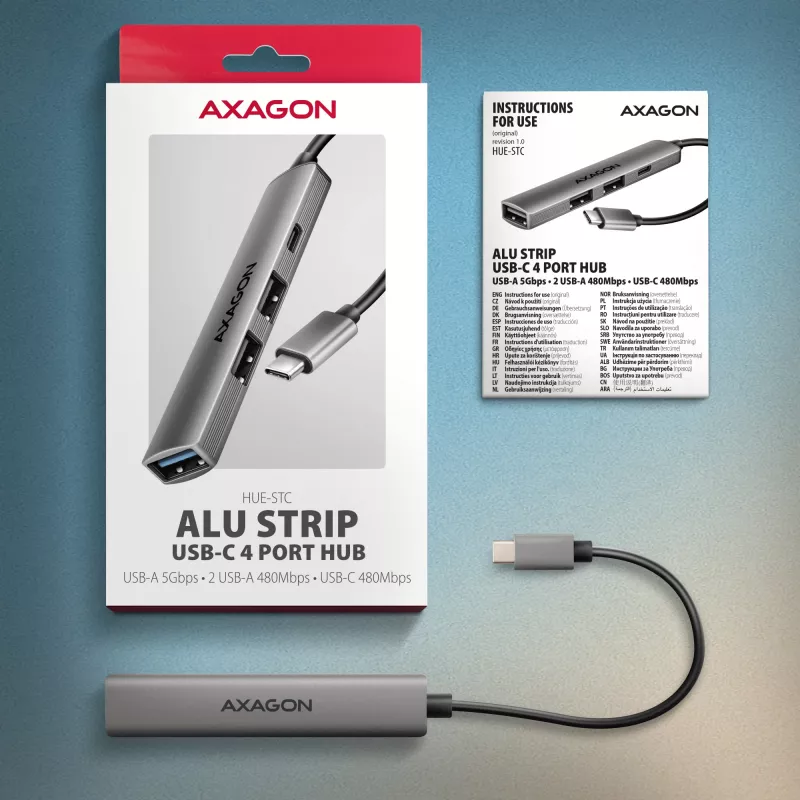 USB šakotuvas AXAGON HUE-STC, 4 prievadų aliuminio juosta, 1x USB-A 5Gbps + 2x USB-A ir 1x USB-C 480Mbps, USB-C šeimininkas, 12 cm kabelis, pilka