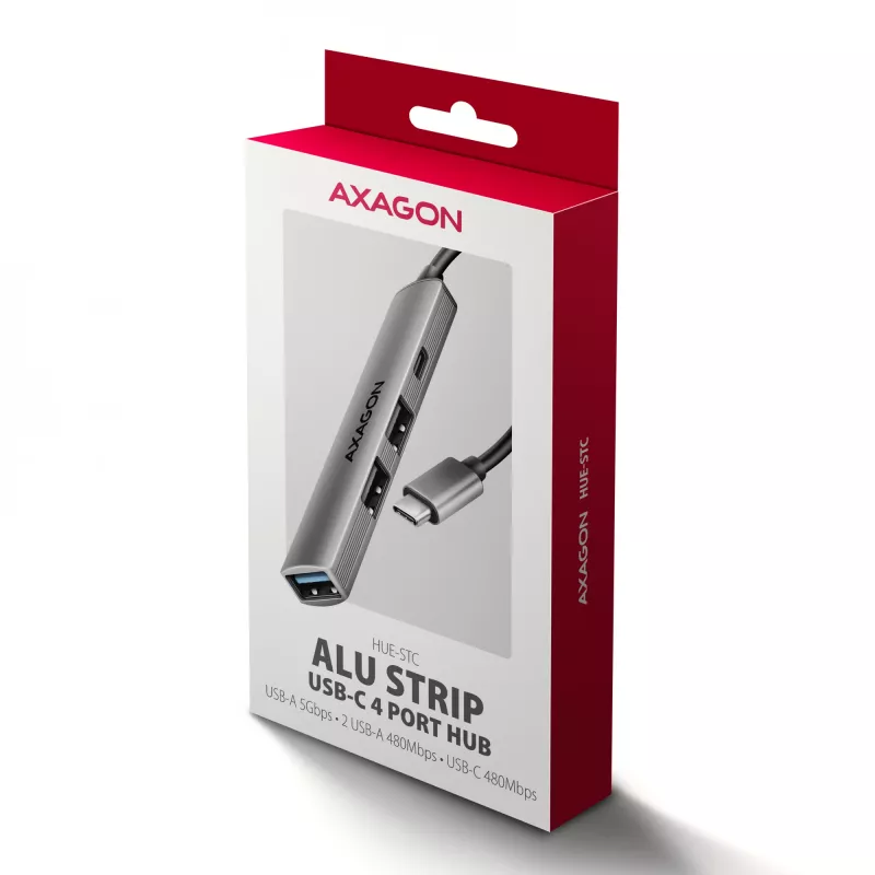 USB šakotuvas AXAGON HUE-STC, 4 prievadų aliuminio juosta, 1x USB-A 5Gbps + 2x USB-A ir 1x USB-C 480Mbps, USB-C šeimininkas, 12 cm kabelis, pilka