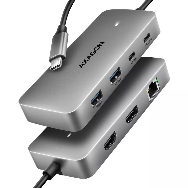 Axagon HMC-CUB83X2 USB 10 Gbps šakotuvas, 2x USB-A, USB-C, HDMI ir DP 4k/144Hz, RJ-45, PD 100 W