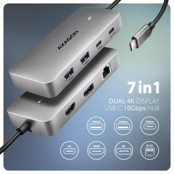 Axagon HMC-CUB83X2 USB 10 Gbps šakotuvas, 2x USB-A, USB-C, HDMI ir DP 4k/144Hz, RJ-45, PD 100 W
