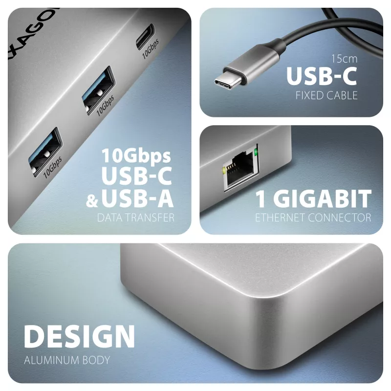 Axagon HMC-CUB83X2 USB 10 Gbps šakotuvas, 2x USB-A, USB-C, HDMI ir DP 4k/144Hz, RJ-45, PD 100 W