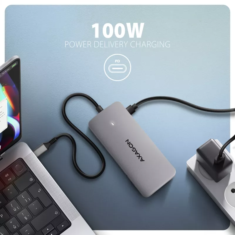 Axagon HMC-CUB83X2 USB 10 Gbps šakotuvas, 2x USB-A, USB-C, HDMI ir DP 4k/144Hz, RJ-45, PD 100 W