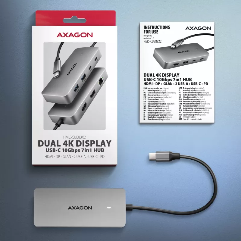 Axagon HMC-CUB83X2 USB 10 Gbps šakotuvas, 2x USB-A, USB-C, HDMI ir DP 4k/144Hz, RJ-45, PD 100 W