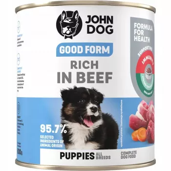Šlapias šuniukų maistas john dog GOOD FORM 800 g — jautienos receptas, be grūdų, be glitimo, visavertis jauniklių pašaras