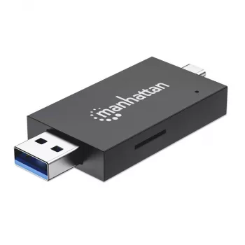 Manhattan USB-A / USB-C combo Multi-Card Reader/Writer, 5 Gbps (USB 3.2 Gen1 aka USB 3.0), Male to microSD and SD/MMC Slots, Mini Format, SuperSpeed USB, Windows or Mac, Juoda/Transparent, Three Year Warranty
