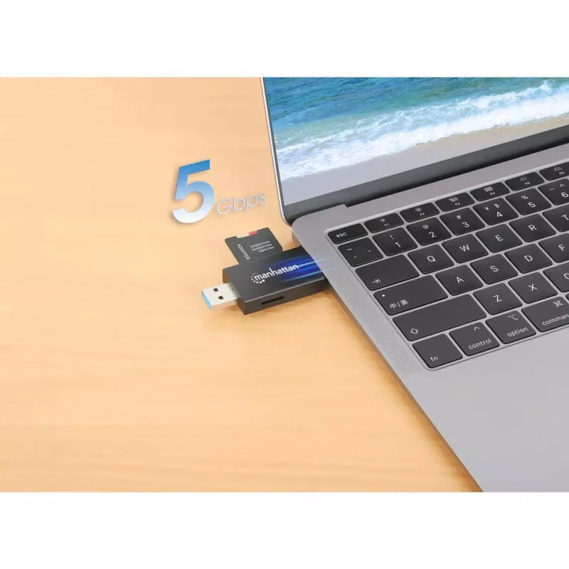 Manhattan USB-A / USB-C combo Multi-Card Reader/Writer, 5 Gbps (USB 3.2 Gen1 aka USB 3.0), Male to microSD and SD/MMC Slots, Mini Format, SuperSpeed USB, Windows or Mac, Juoda/Transparent, Three Year Warranty