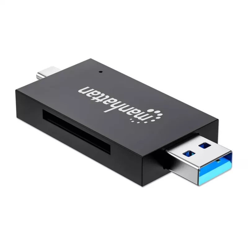 Manhattan USB-A / USB-C combo Multi-Card Reader/Writer, 5 Gbps (USB 3.2 Gen1 aka USB 3.0), Male to microSD and SD/MMC Slots, Mini Format, SuperSpeed USB, Windows or Mac, Juoda/Transparent, Three Year Warranty
