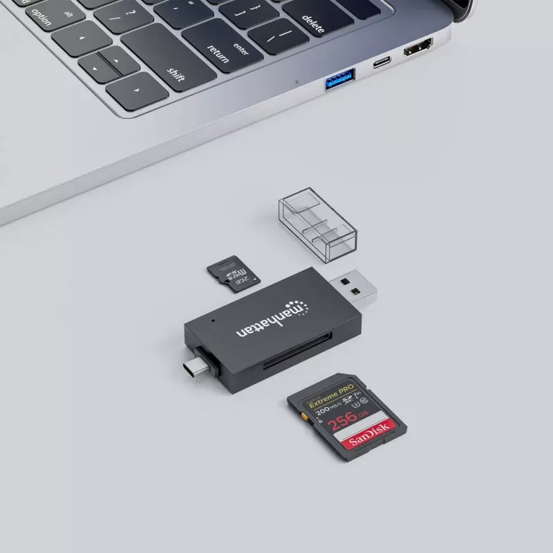 Manhattan USB-A / USB-C combo Multi-Card Reader/Writer, 5 Gbps (USB 3.2 Gen1 aka USB 3.0), Male to microSD and SD/MMC Slots, Mini Format, SuperSpeed USB, Windows or Mac, Juoda/Transparent, Three Year Warranty