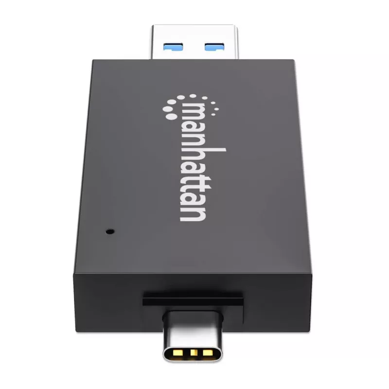 Manhattan USB-A / USB-C combo Multi-Card Reader/Writer, 5 Gbps (USB 3.2 Gen1 aka USB 3.0), Male to microSD and SD/MMC Slots, Mini Format, SuperSpeed USB, Windows or Mac, Juoda/Transparent, Three Year Warranty