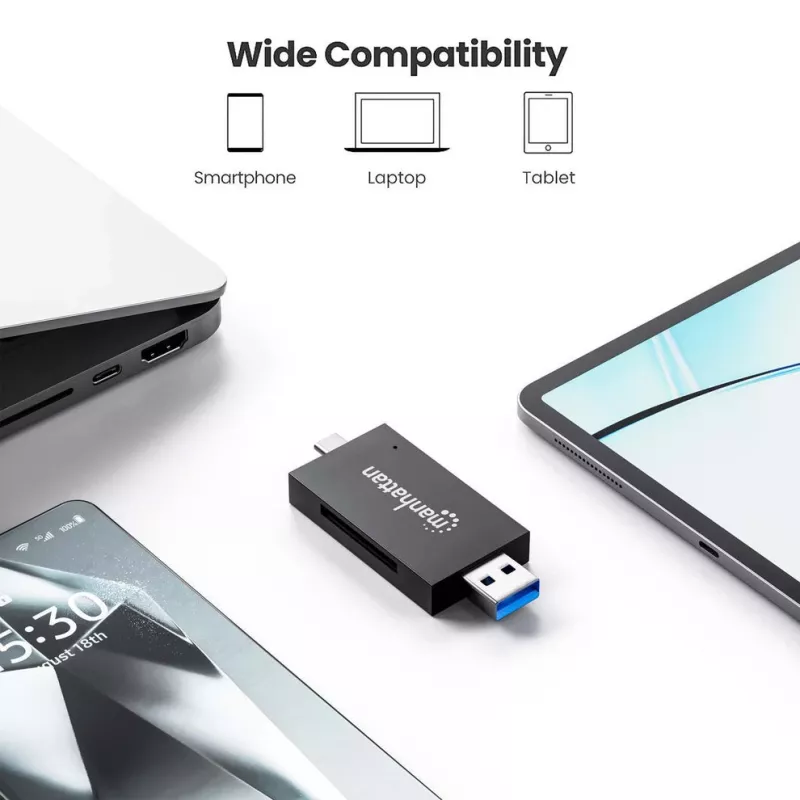 Manhattan USB-A / USB-C combo Multi-Card Reader/Writer, 5 Gbps (USB 3.2 Gen1 aka USB 3.0), Male to microSD and SD/MMC Slots, Mini Format, SuperSpeed USB, Windows or Mac, Juoda/Transparent, Three Year Warranty