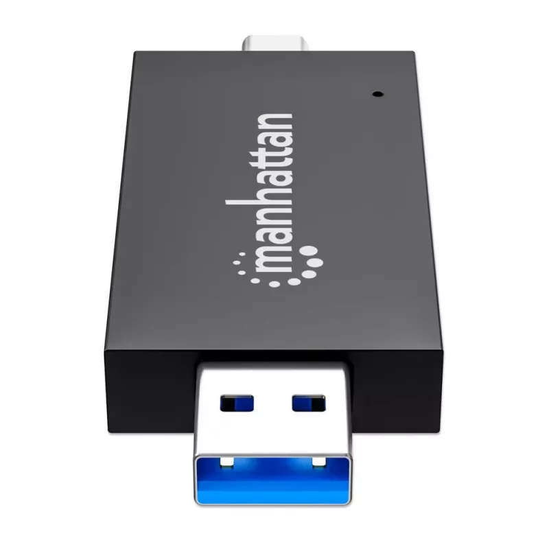 Manhattan USB-A / USB-C combo Multi-Card Reader/Writer, 5 Gbps (USB 3.2 Gen1 aka USB 3.0), Male to microSD and SD/MMC Slots, Mini Format, SuperSpeed USB, Windows or Mac, Juoda/Transparent, Three Year Warranty