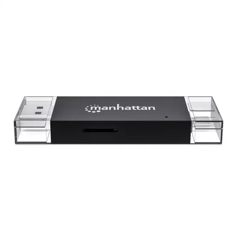 Manhattan USB-A / USB-C combo Multi-Card Reader/Writer, 5 Gbps (USB 3.2 Gen1 aka USB 3.0), Male to microSD and SD/MMC Slots, Mini Format, SuperSpeed USB, Windows or Mac, Juoda/Transparent, Three Year Warranty