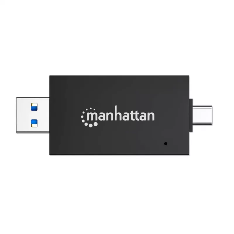 Manhattan USB-A / USB-C combo Multi-Card Reader/Writer, 5 Gbps (USB 3.2 Gen1 aka USB 3.0), Male to microSD and SD/MMC Slots, Mini Format, SuperSpeed USB, Windows or Mac, Juoda/Transparent, Three Year Warranty