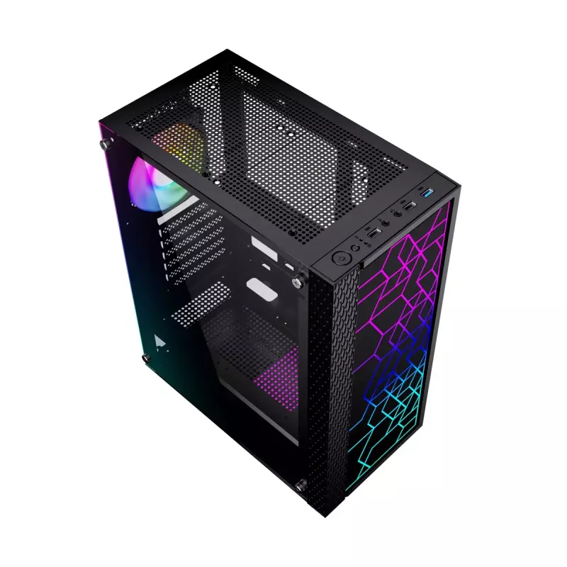 PC Case GEMBIRD Fornax 2500 Midi Tower Juoda — ATX/ITX support, tempered glass, RGB, 3x120mm front, 2x2.5 inch bays