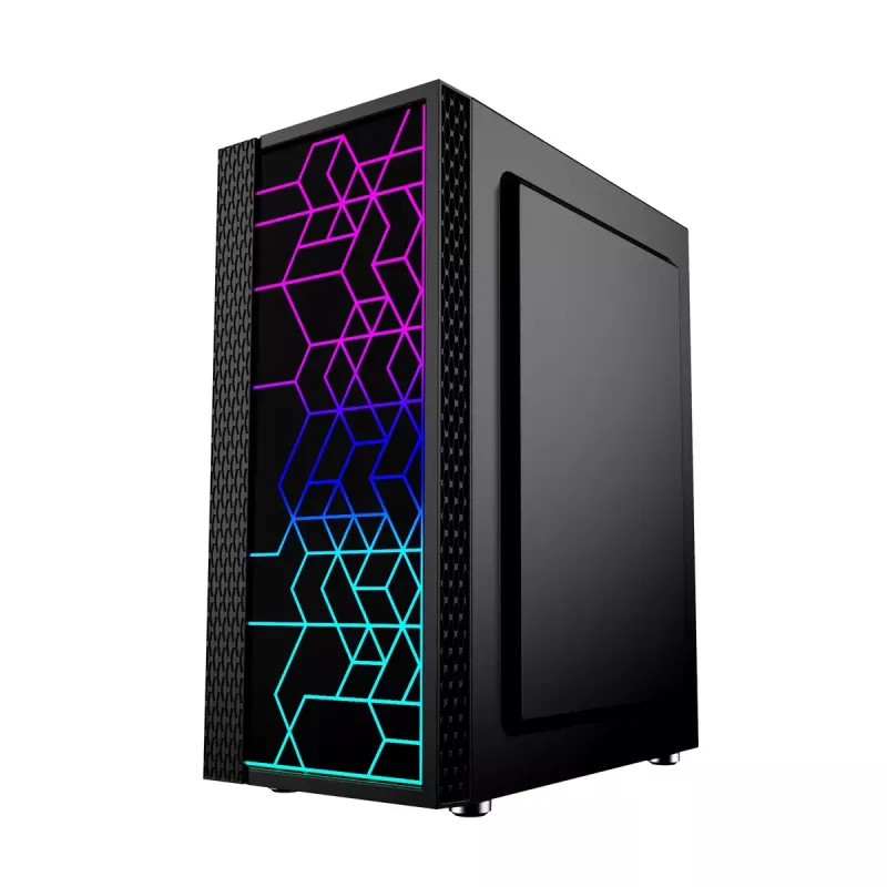 PC Case GEMBIRD Fornax 2500 Midi Tower Juoda — ATX/ITX support, tempered glass, RGB, 3x120mm front, 2x2.5 inch bays
