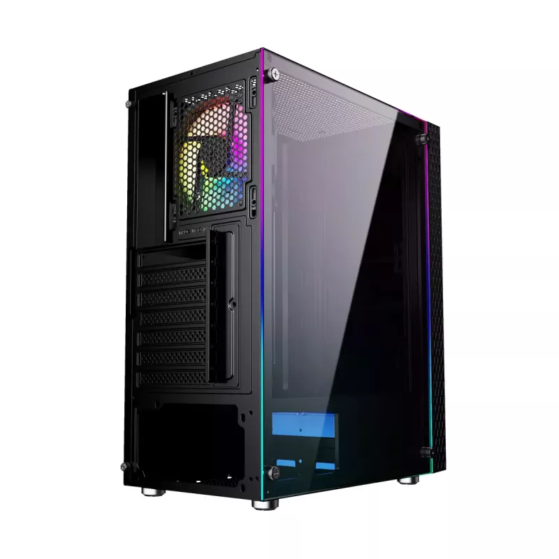 PC Case GEMBIRD Fornax 2500 Midi Tower Juoda — ATX/ITX support, tempered glass, RGB, 3x120mm front, 2x2.5 inch bays