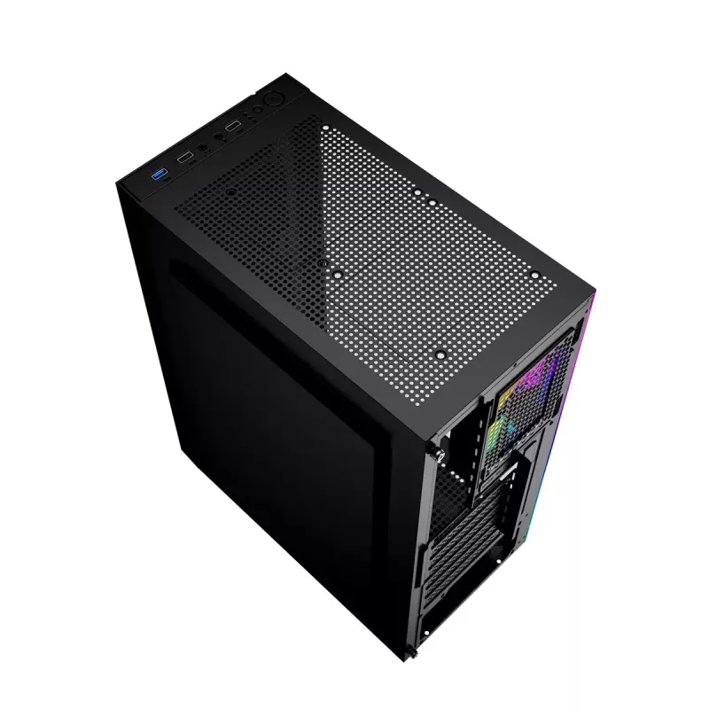 PC Case GEMBIRD Fornax 2500 Midi Tower Juoda — ATX/ITX support, tempered glass, RGB, 3x120mm front, 2x2.5 inch bays
